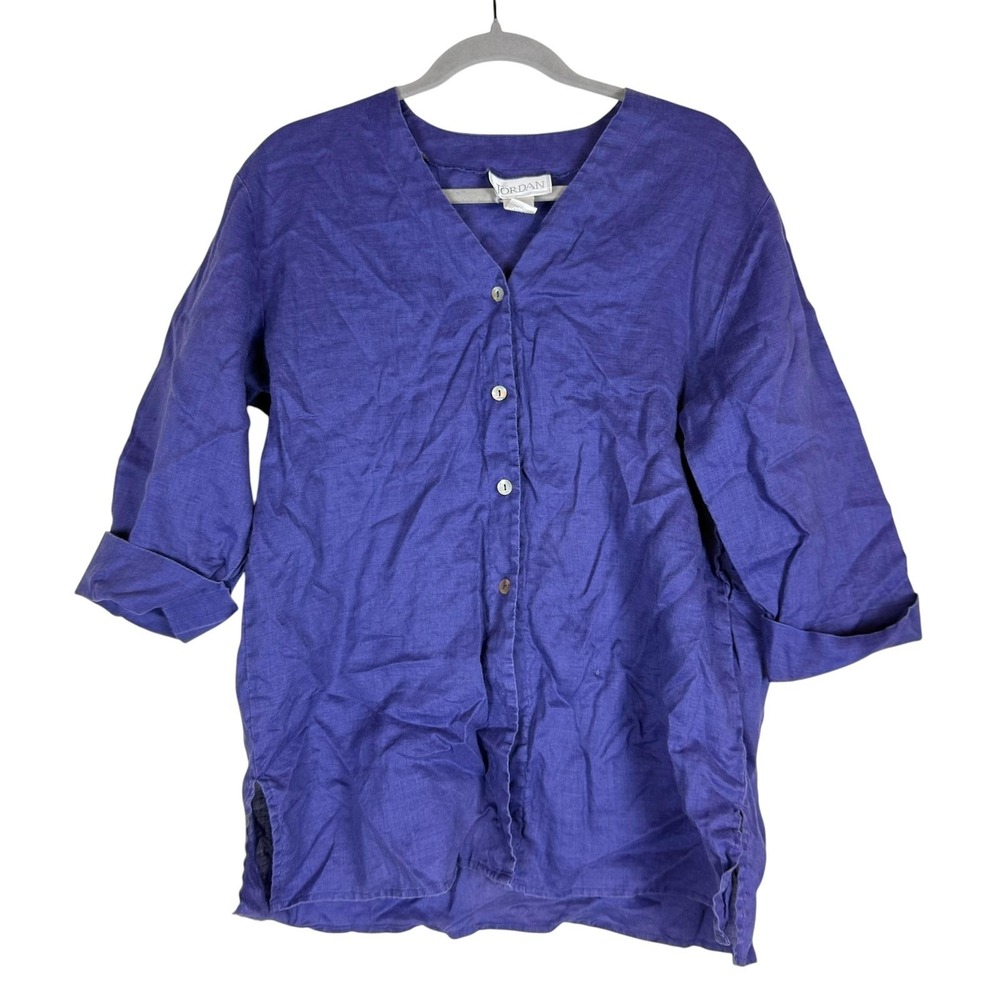 Jordan Blouse Womens Large‎ Purple 100% Linen V Neck 3/4 Sleeve Button Tunic Top